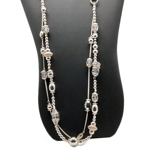 Silver-Tone Double-Strand Beaded Long Chain Necklace 38" - Boho Statement - Picture 11 of 16